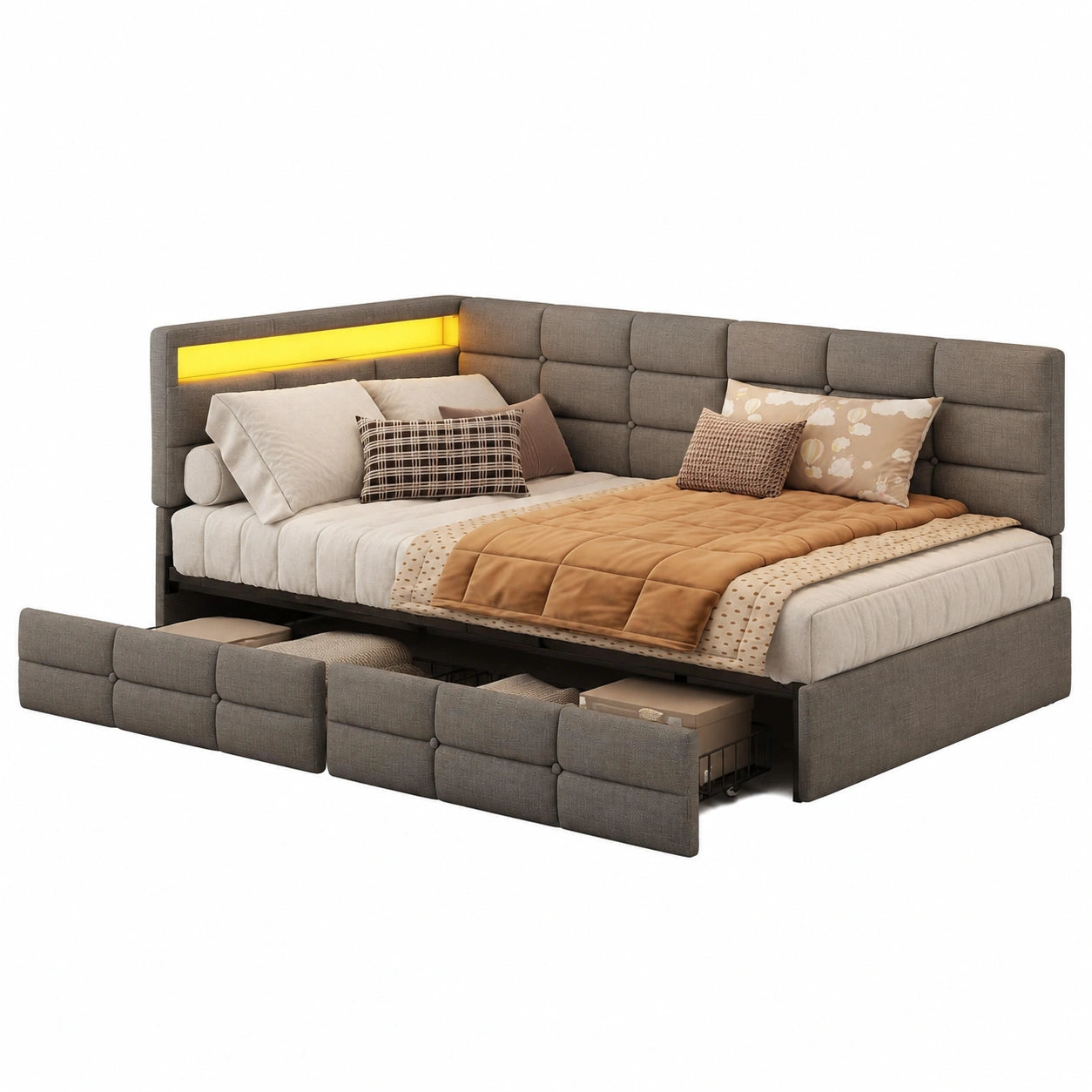 Multifunktionales Polsterbett 90x200 mit LED, USB und Stauraum