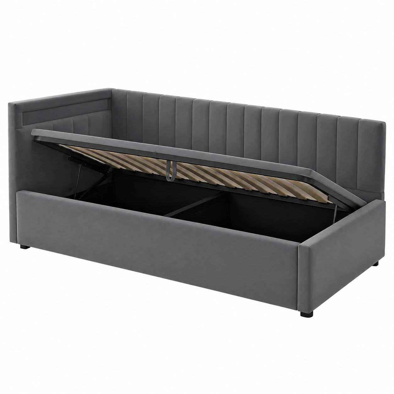 Verstellbares Polsterbett 90x200 cm mit LED und Stauraum, Graues Samt-Tagesbett ohne Matratze