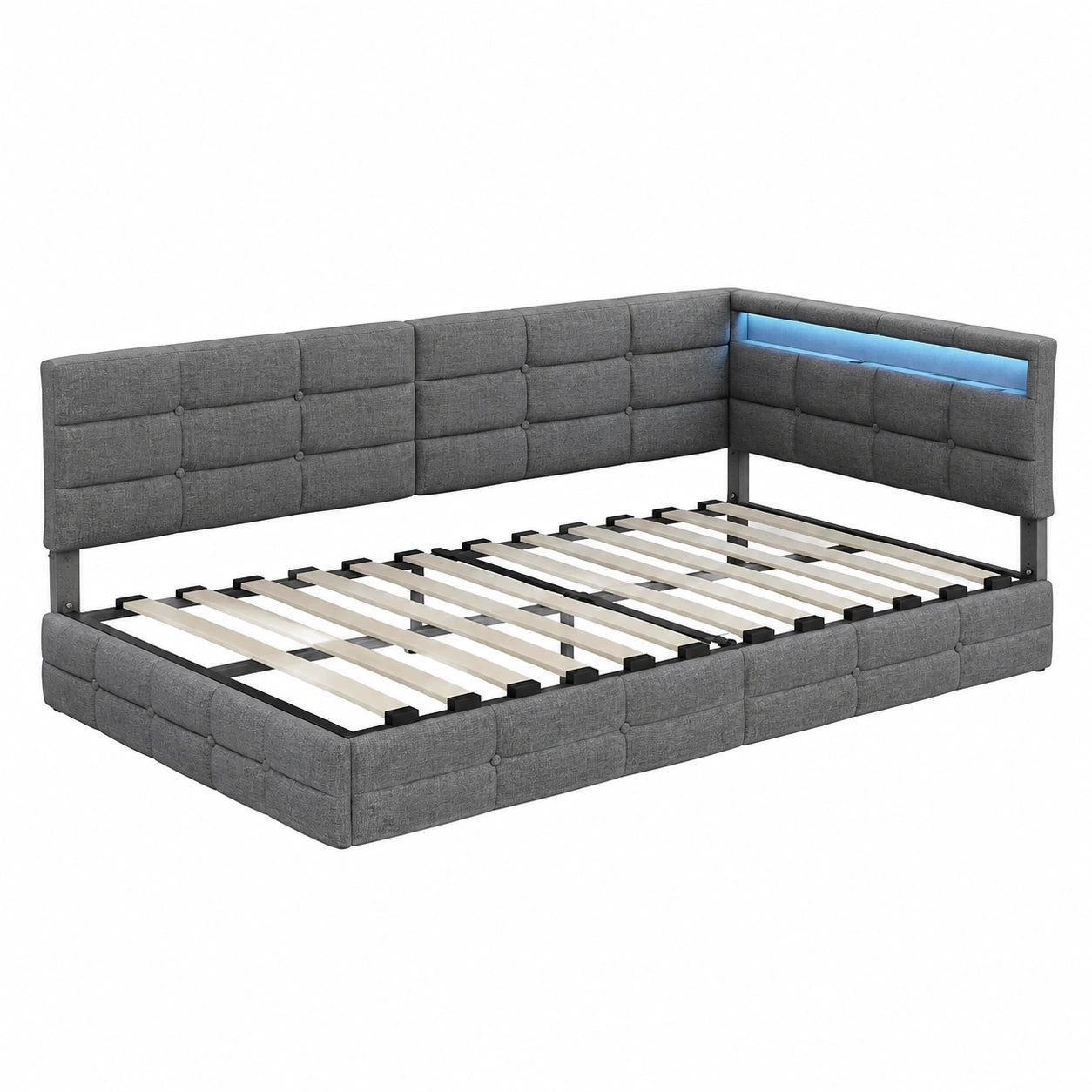 Modernes Polsterbett 140x200 cm mit Stauraum und LED, Jugend-Sofa mit Schubladen, Leinenstoff in Grau, ohne Matratze