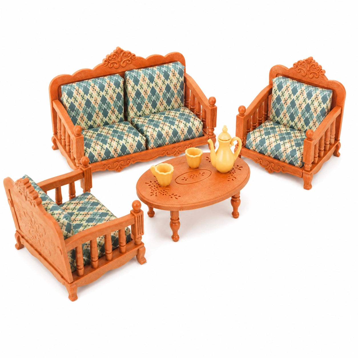 Miniatur Möbelset: Sofa, Sessel, Tisch und Teeservice - 1:12 Deko für Wohnzimmer, Schlafzimmer und Balkon