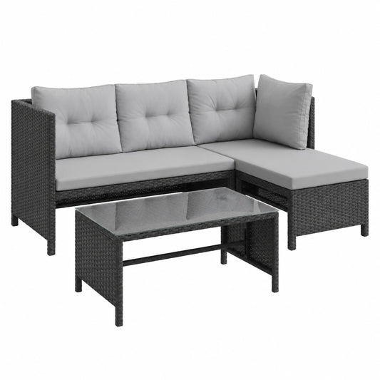 Moderne Gartenlounge aus Polyrattan mit Couchtisch und Kissen - Ideal für Terrasse und Balkon, 180x120x63,5cm, Hellgrau