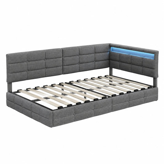 Modernes Polsterbett 140x200 cm mit Stauraum und LED, Jugend-Sofa mit Schubladen, Leinenstoff in Grau, ohne Matratze