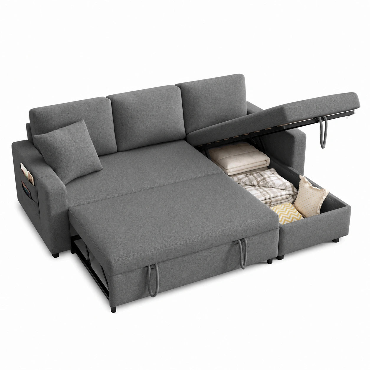 Eckschlafsofa mit Stauraum und Wechselbarer Chaiselongue, Dunkelgrau