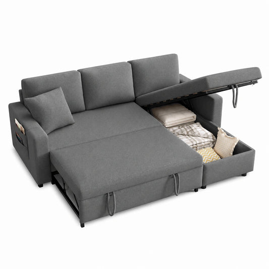 Eckschlafsofa mit Stauraum und Wechselbarer Chaiselongue, Dunkelgrau